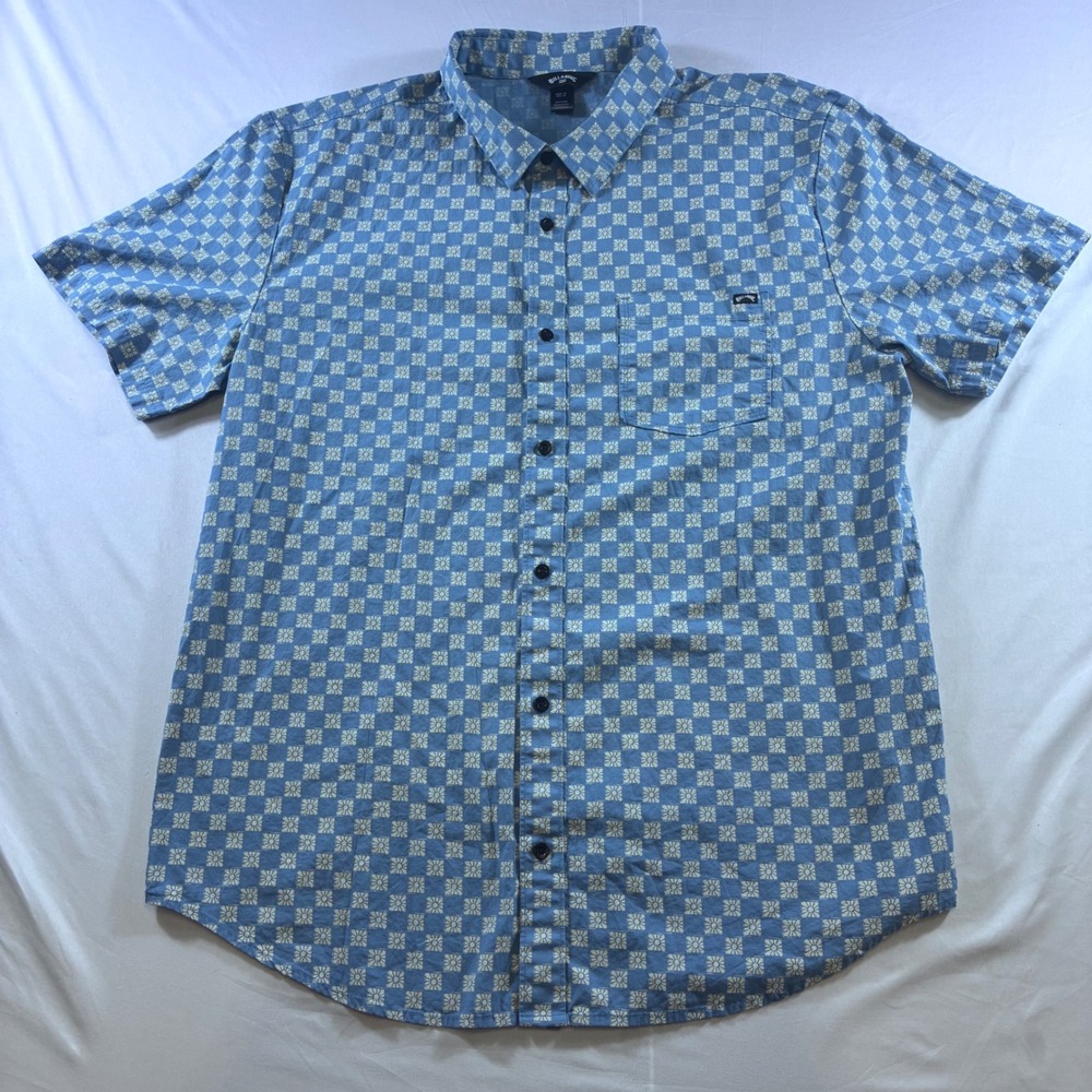 Billabong Mens XL Blue White Checkerboard Sunburst Short Sleeve Button Down